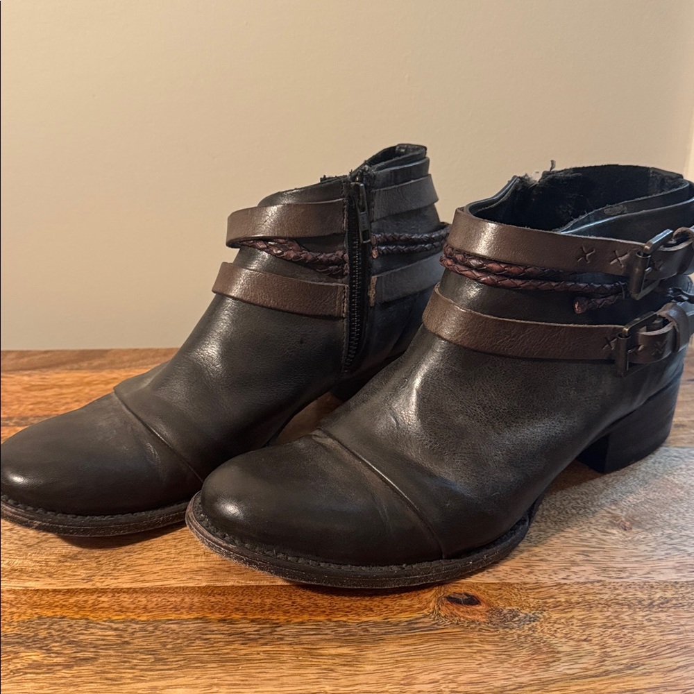 freebird Black Leather Ankle Booties with Brown Strap Accents